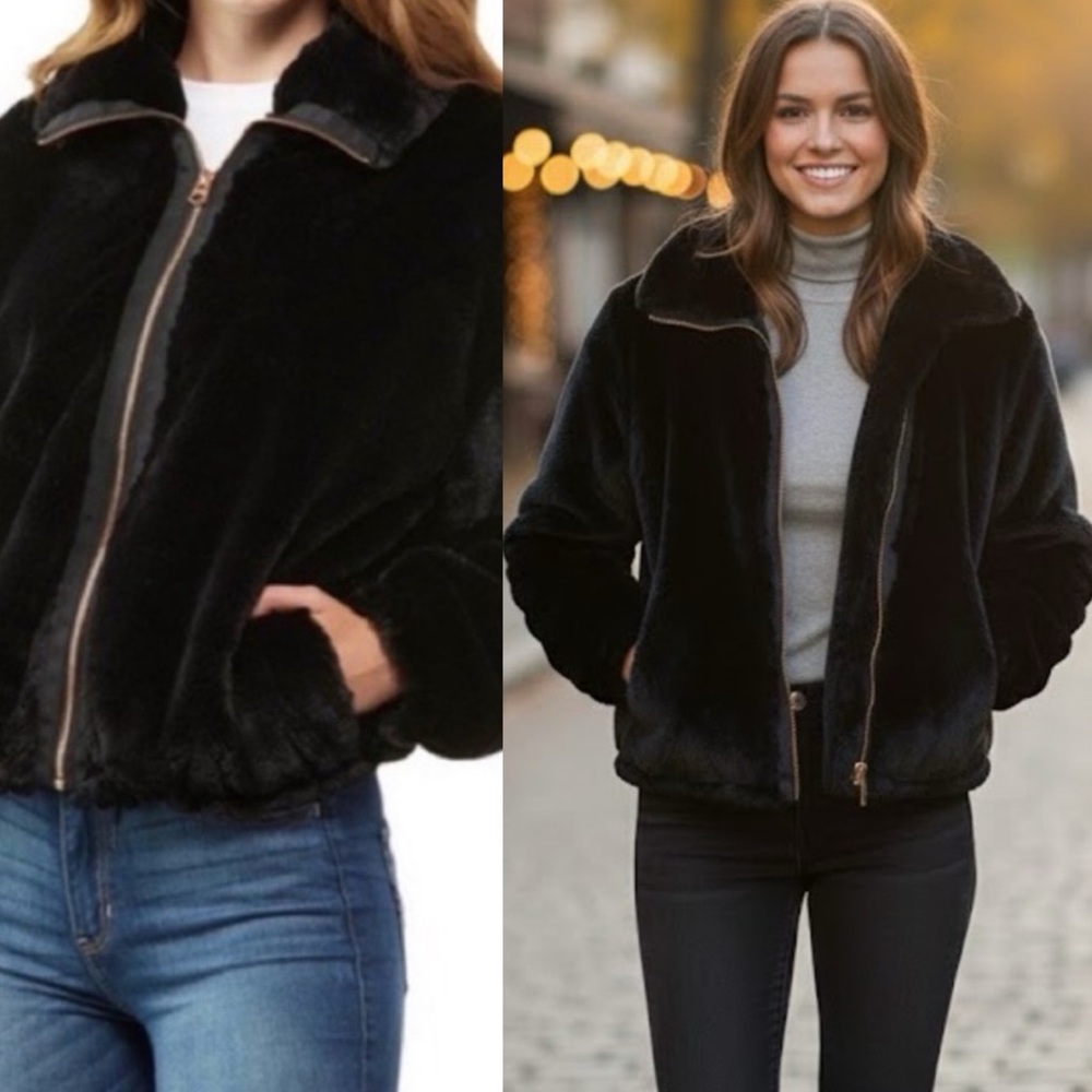 Lucky Brand Bomber Jacket Missy Short Faux Fur Black
Gold Zipper S Coat